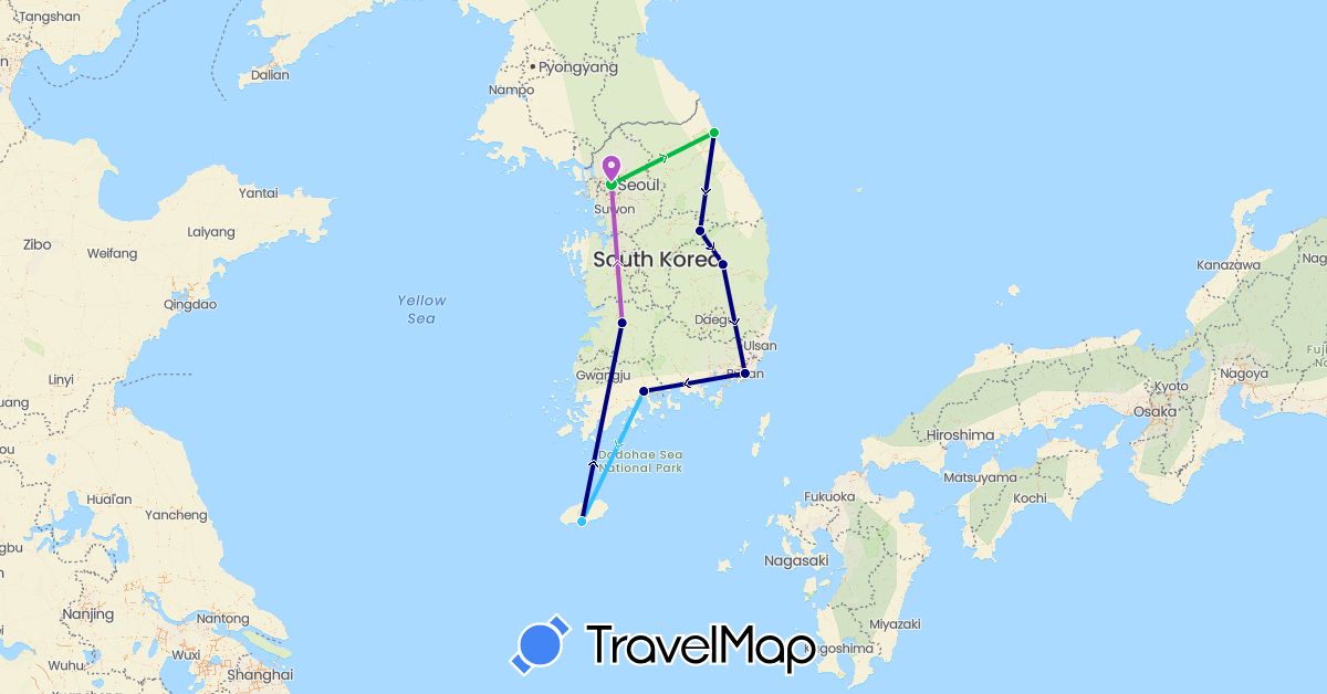 TravelMap itinerary: driving, bus, train, boat in South Korea (Asia)